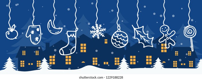 Merry Christmas and Happy New Year winter holidays banner with holidays objects. Vector illustration