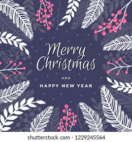 Merry Christmas and Happy New Year. Beautiful holiday theamed banner with winter plants and berries. Vector illustration.
