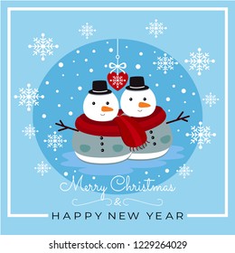 Merry christmas & happy new year card.Snowman in love with red heart,snow and snowflake on light blue background.Cartoon animal character vector.