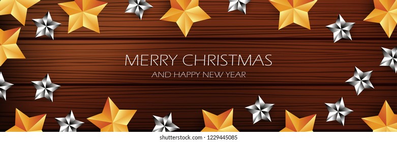 Merry Christmas and Happy New Year banners, with stars gold and white stars on wood background