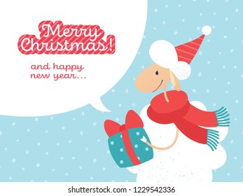 Merry Christmas and Happy New Year card design. Funny sheep character in santa hat with gift box and talk bubble on winter illustration, snow and stars on light blue background