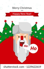 Merry Christmas and Happy New Year! Cute cartoon Santa Claus and Christmas tree. Santa beard. Holiday greeting card. Merry Christmas isolated vector illustration.