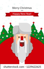Merry Christmas and Happy New Year! Cute cartoon Santa Claus and Christmas tree. Santa beard. Holiday greeting card. Merry Christmas isolated vector illustration.