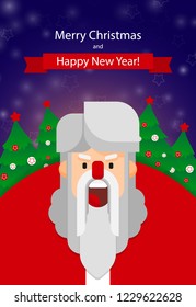 Merry Christmas and Happy New Year! Cute cartoon Santa Claus and Christmas tree. Santa beard. Holiday greeting card. Merry Christmas isolated vector illustration.