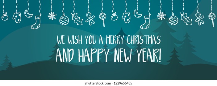 Merry Christmas and Happy New Year winter holidays banner with holidays objects. Vector illustration