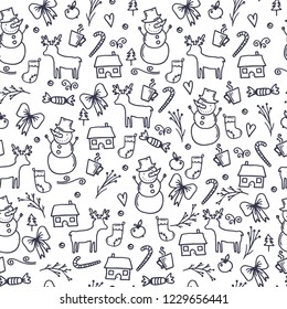 Merry Christmas and Happy New Year winter seamless pattern with holidays objects. Vector illustration
