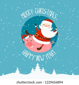 Merry Christmas and Happy New Year winter holidays greeting card with pig how symbol of year and Santa Claus. Vector illustration