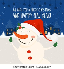 Merry Christmas and Happy New Year winter holidays greeting card with snowman. Vector illustration