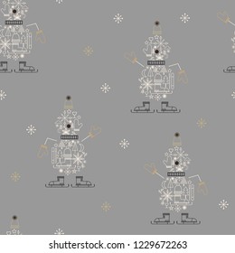 Merry christmas and Happy New year 2019 with winter icon create a cute snowman Beautiful Seamless pattern vector on light grey background color