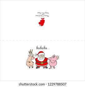 Merry christmas and a happy new year. Greeting card with Santa, deer and pig.