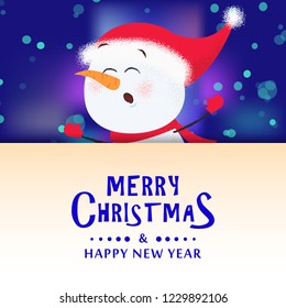 Merry Christmas and happy New Year flyer design. Excited snowman in Santa hat over lettering on blue bokeh background. Template can be used for greeting cards, leaflets, posters and brochure