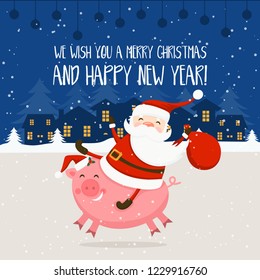 Merry Christmas and Happy New Year winter holidays greeting card with pig how symbol of year and Santa Claus. Vector illustration