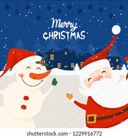 Merry Christmas and Happy New Year winter holidays greeting card with snowman and Santa Claus. Vector illustration