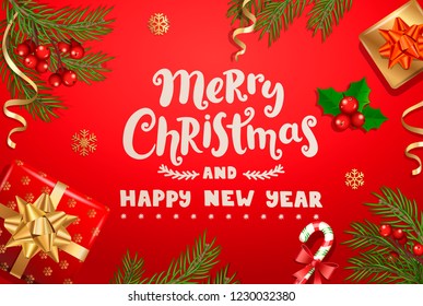 Merry Christmas and Happy New Year wishing on red background with traditional christmas decorations- gift box with gold bow, candy cane, spruce branch, snowflakes. Vector illustration.