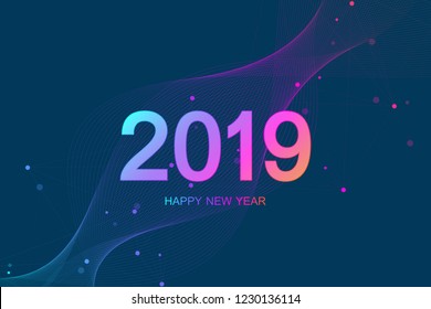 Merry Christmas and Happy New Year 2019 greeting card. Modern futuristic template for 2019. Flowing lines, waves, dots. Vector illustration