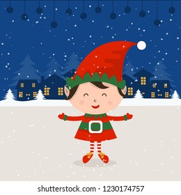 Merry Christmas and Happy New Year winter holidays greeting card with elf. Vector illustration