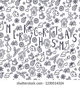 Merry Christmas and Happy New Year winter seamless pattern with holidays objects. Vector illustration