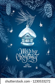 Merry Christmas and Happy New Year card with realistic glass christmas tree toy. Decoration in the shape of a house. Sketch of different branches of fir tree, cedar, pine, cones on blue background. 