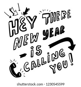 Merry Christmas and happy new year hand drawn set with lettering