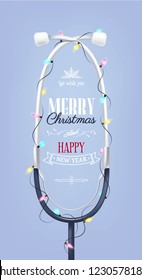 Merry christmas and Happy new year holiday medical background with stethoscope and christmas lights. Vector illustration