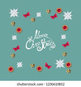 merry Christmas and happy new year, greeting card with festive elements, cookie, bow, snowflake, star, vector