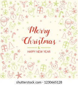Merry Christmas and Happy New Year - greeting card with hand drawn ornaments. Vector.