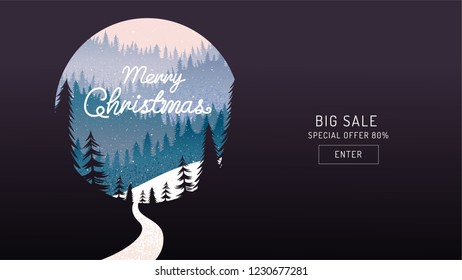 Merry Christmas, happy new year, calligraphy, landscape winter, vector illustration.