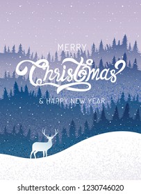 Merry Christmas, happy new year, calligraphy, landscape winter, vector illustration.
