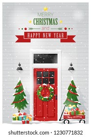 Merry Christmas and Happy New Year background with decorated Christmas front door , vector , illustration