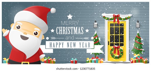 Merry Christmas and Happy New Year background with decorated Christmas front door and Santa Claus , vector , illustration