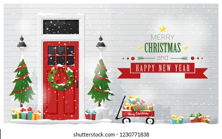 Merry Christmas and Happy New Year background with decorated Christmas front door , vector , illustration