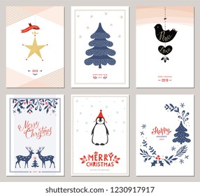 Merry Christmas and Happy New Year greeting cards set. Vector illustration.