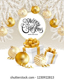 Merry Christmas and Happy New Year card with fir tree, balls and gifts. Vector illustration.