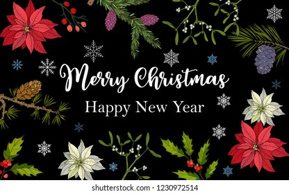 Merry Christmas and Happy New Year greeting card, banner, vector illustration