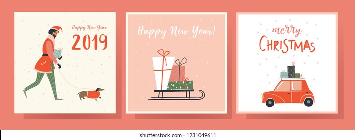 Merry Christmas and Happy New Year. Vector set with cute people. 