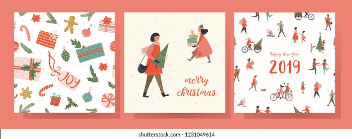 Merry Christmas and Happy New Year. Vector set with cute people. 