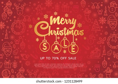 Merry Christmas and Happy New Year sale banner background with christmas icon set. Merry Christmas text Calligraphic Lettering design card template. Vector illustration Merry Christmas and Happy New Year sale banner background with christmas icon set. Merry Christmas text Calligraphic Lettering design card template. Vector illustration
