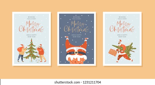 Merry christmas and happy new year greeting cards with people. Vector winter season set. Postcard or invitation template.