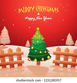 Merry Christmas and Happy New Year celebration greeting card design decorated with xmas trees and fence on festival background.