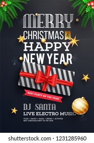 Merry Christmas and Happy New Year template design decorated with gift box, baubles and stars on black background.