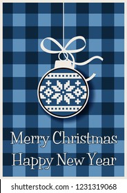 Merry Christmas and Happy New Year Greetign Card. Tree Ball, Winter Ornament, Squared Background