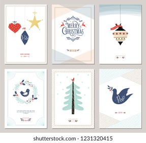 Merry Christmas and Happy New Year greeting cards set. Vector illustration.