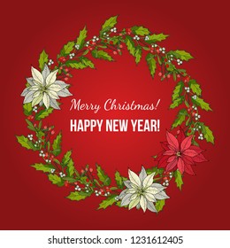 Merry Christmas and Happy New Year greeting card with holly wreath, vector illustration