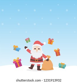 Merry Christmas and Happy New Year red cute Santa Claus Cartoon character flat design vector for greeting holiday in winter, Christmas Ball, Christmas Tree, gift box and ribbon bows.