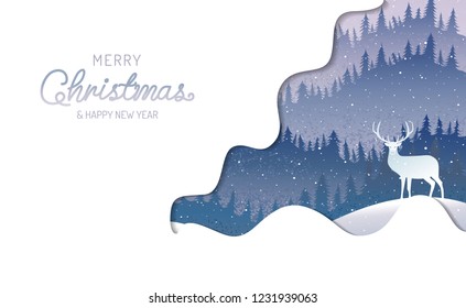 Merry Christmas, happy new year, calligraphy, landscape winter, vector illustration.