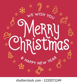 Merry Christmas and Happy New Year lettering template. Monochrome typography for Holiday Greeting Gift Poster. Winter holidays related typographic quote. Vector vintage illustration.