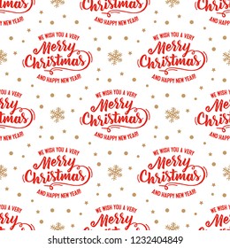 Merry Christmas and Happy New Year Vector Lettering Design with Snowflakes and Christmas Decorative Elements. Holiday Pattern and Ornament.