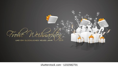 Merry Christmas and Happy New Year 2019 German language Frohe Weihnachten und ein gluckliches neues Jahr firework white box black greeting card