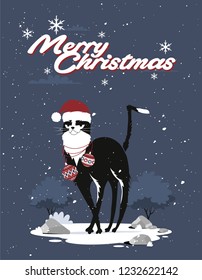 Merry Christmas and Happy New Year greeting card design. Cute cat with beard and Santa hat. Vector illustration
