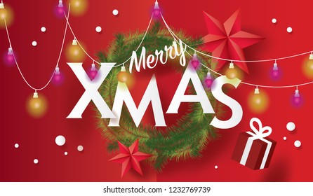 Merry Christmas and Happy New Year.  decoration with text Merry xmas design for Christmas and New Year festival. beautiful light on red background. Vector illustration.paper art style.